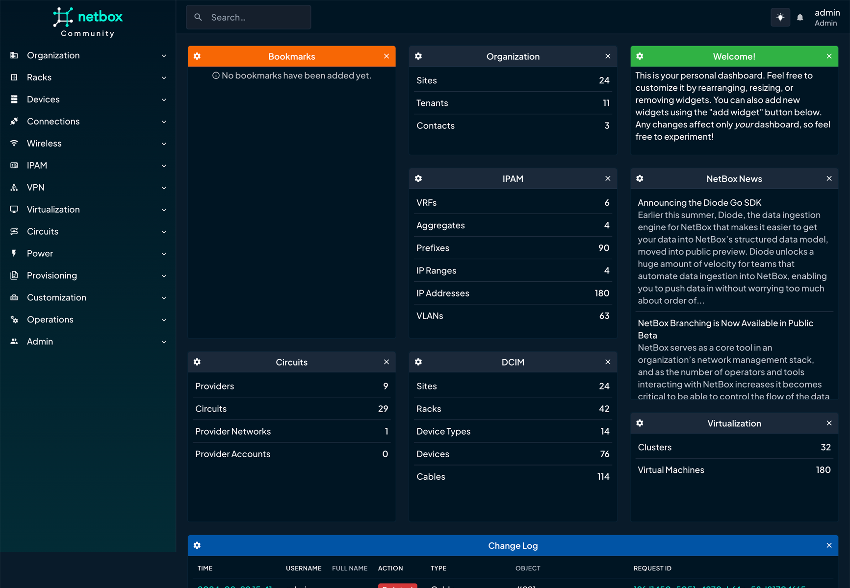 NetBox dashboard (dark mode)