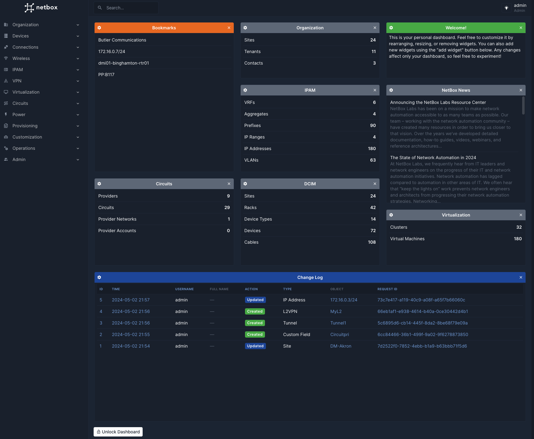 NetBox dashboard (dark mode)