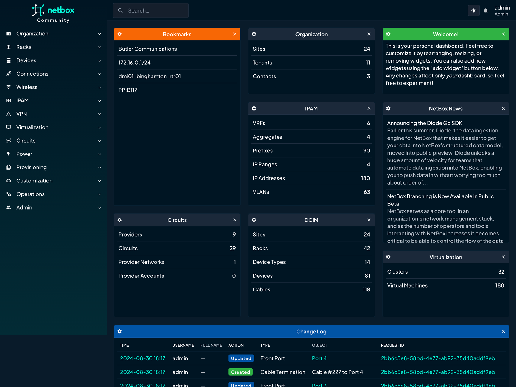 NetBox dashboard (dark mode)